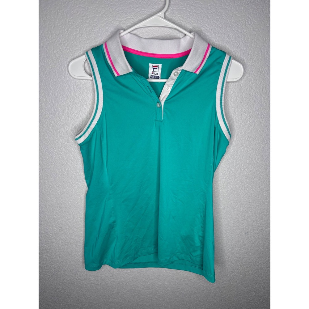 Fila Womens Sleeveless Polo Shirt Teal Green Pink White Tennis Golf Top Size M